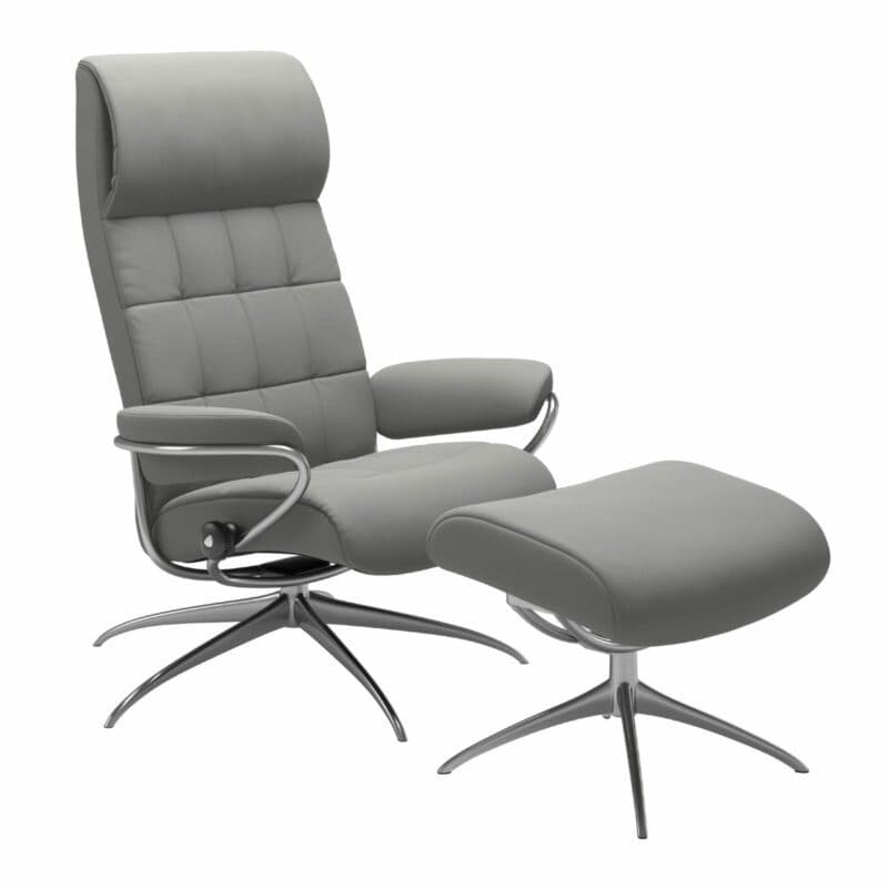 Stressless London Sessel High Back mit Hocker in Leder Paloma Silver Grey – Gestell chrom