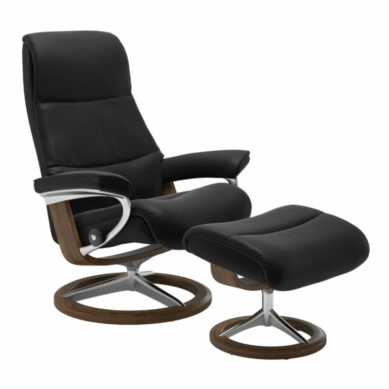 Stressless „View“ Sessel mit Hocker in Leder „Paloma“ Black - Gestell Teak