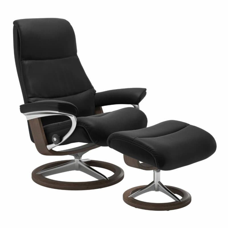 Stressless „View“ Sessel mit Hocker in Leder „Paloma“ Black - Gestell Walnuss