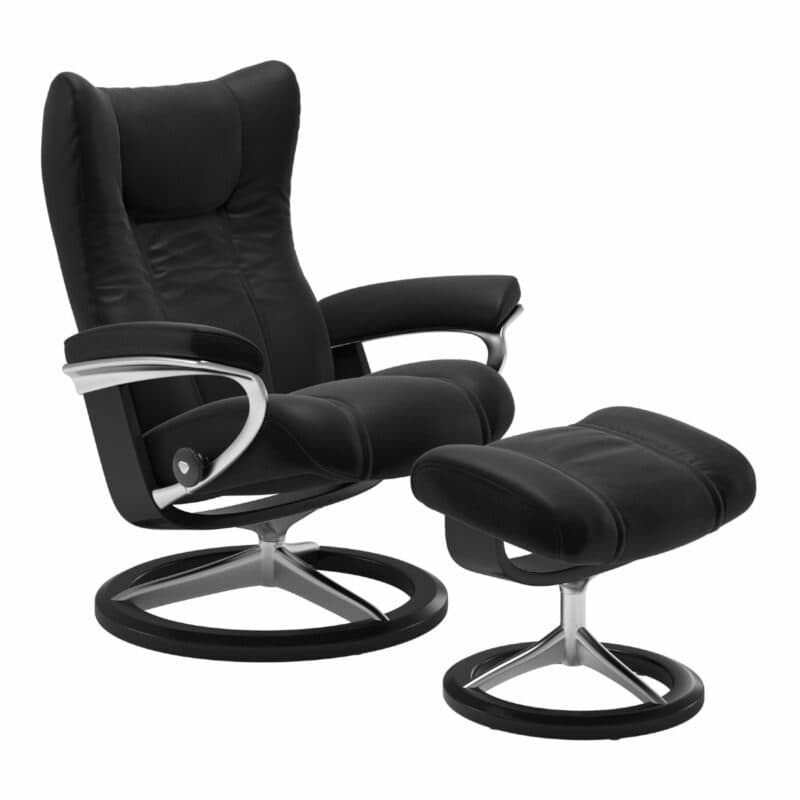 Stressless Wing Sessel mit Hocker in Leder Paloma Black - Gestell schwarz