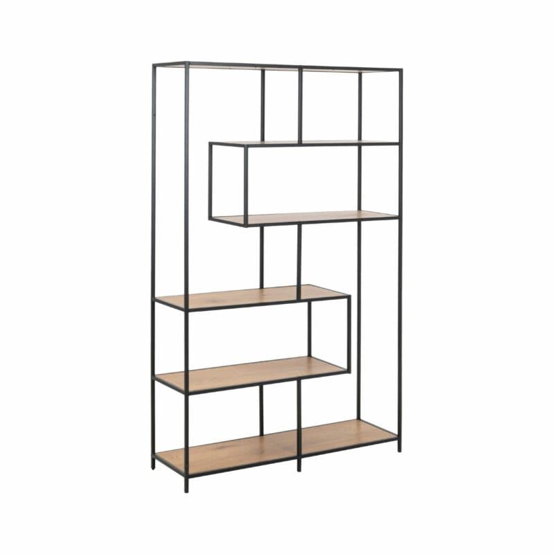 Trendstore „Auroa“ Regal asymmetrisch mit vier Einlegeböden aus MDF Wildeiche-Nachbildung mit schwarzem Metallgestell