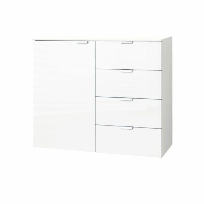 Kommode „Edition” mit Korpus in Polarweiß und Front in Weiß Hochglanz, Griffen in Alufarben sowie 1 Tür und 4 Schubkästen.