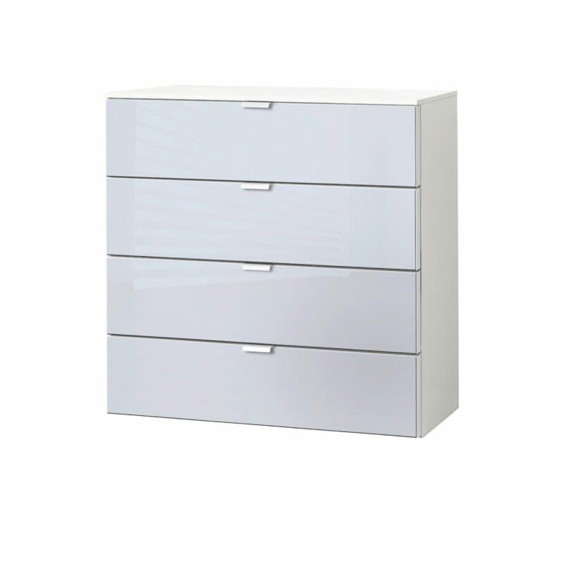 Kommode „Edition” mit Korpus in Polarweiß und Front in Seidengrauglas, Griffen in Chromfarben sowie 4 Schubkästen.