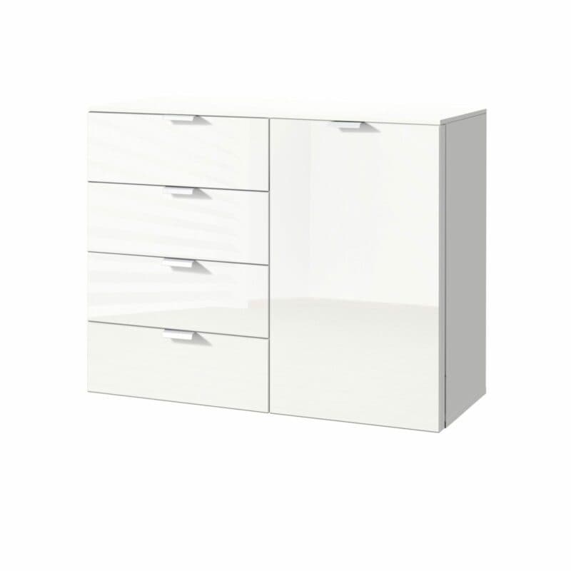 Kommode „Edition” mit Korpus in Polarweiß und Front in Weißglas, Griffen in Chromfarben sowie 1 Tür und 4 Schubkästen..