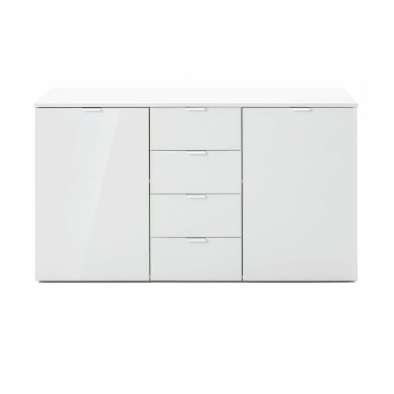 Kommode „Edition” mit Korpus in Polarweiß und Front in Weißglas, Griffen in Chromfarben sowie 2 Türen und 4 Schubkästen.