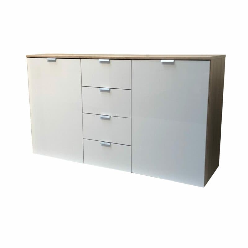 Kommode „Edition” mit Korpus in Sonoma Eiche Nachbildung und Front in Polarweiß Lack, Griffen in Alufarben sowie 2 Türen und 4 Schubkästen.
