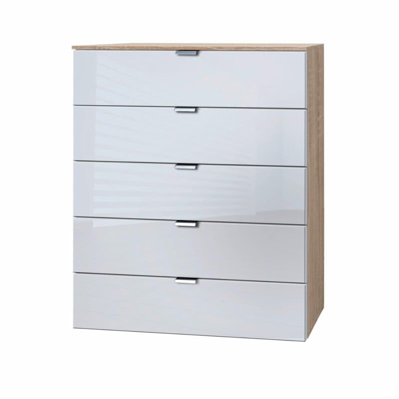 Kommode „Edition” mit Korpus in Sonoma Eiche Nachbildung und Front in Seidengrauglas satiniert, Griffen in Chromfarben sowie 5 Schubkästen.