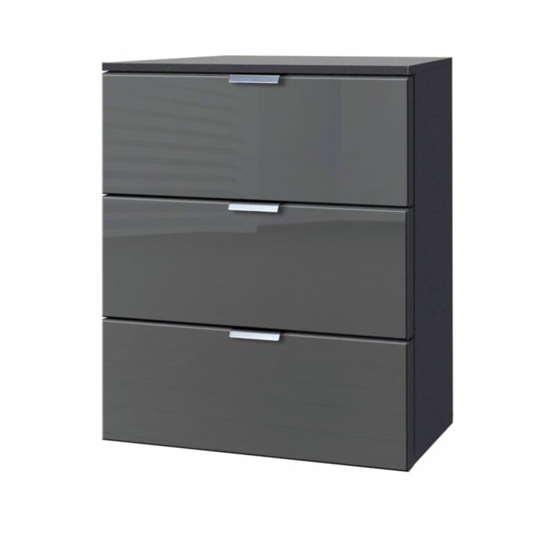 Nachtkommode „Edition” mit Korpus in Graphit und Front in Basaltglas, Griffen in Chromfarben und drei Schubkästen.