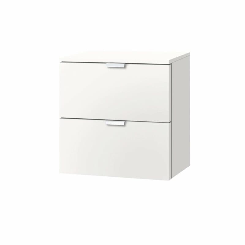 Trendstore Nachtkommode „Edition” mit Korpus und Front in Polarweiß, Griffen in Alufarben und zwei Schubkästen.