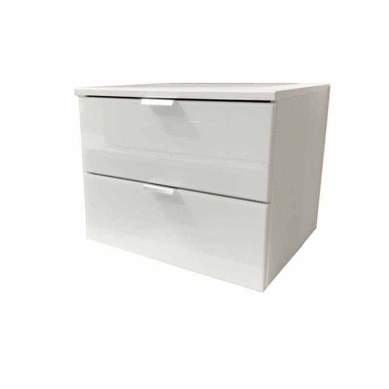 Trendstore Nachtkommode „Edition” mit Korpus in Polarweiß und Front in Weißglas, Griffen in Chromfarben und zwei Schubkästen.