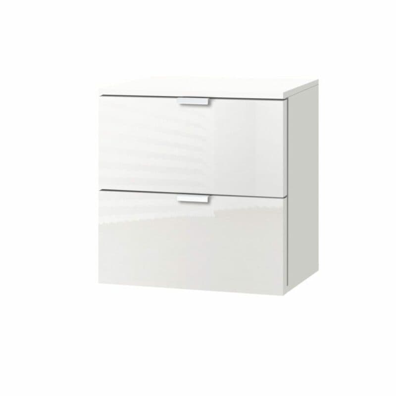 Trendstore „Edition” Nachtkommode mit Front in Weißglas und Korpus in Polarweiß, Griffen in Chromfarben und zwei Schubkästen.