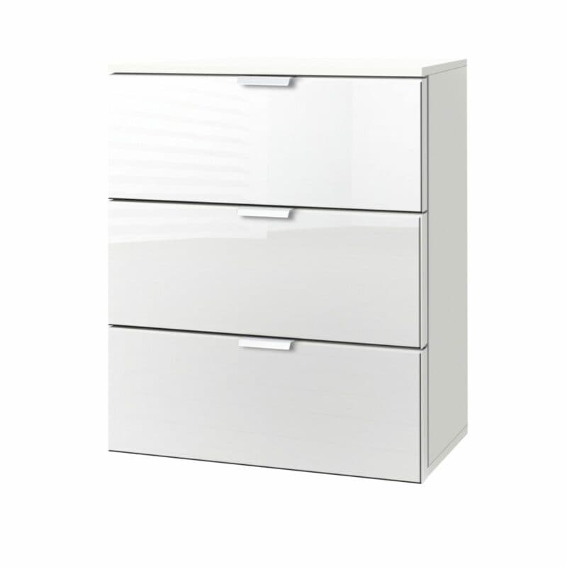 Nachtkommode „Edition” mit Korpus in Polarweiß und Front in Weißglas, Griffen in Chromfarben und drei Schubkästen.