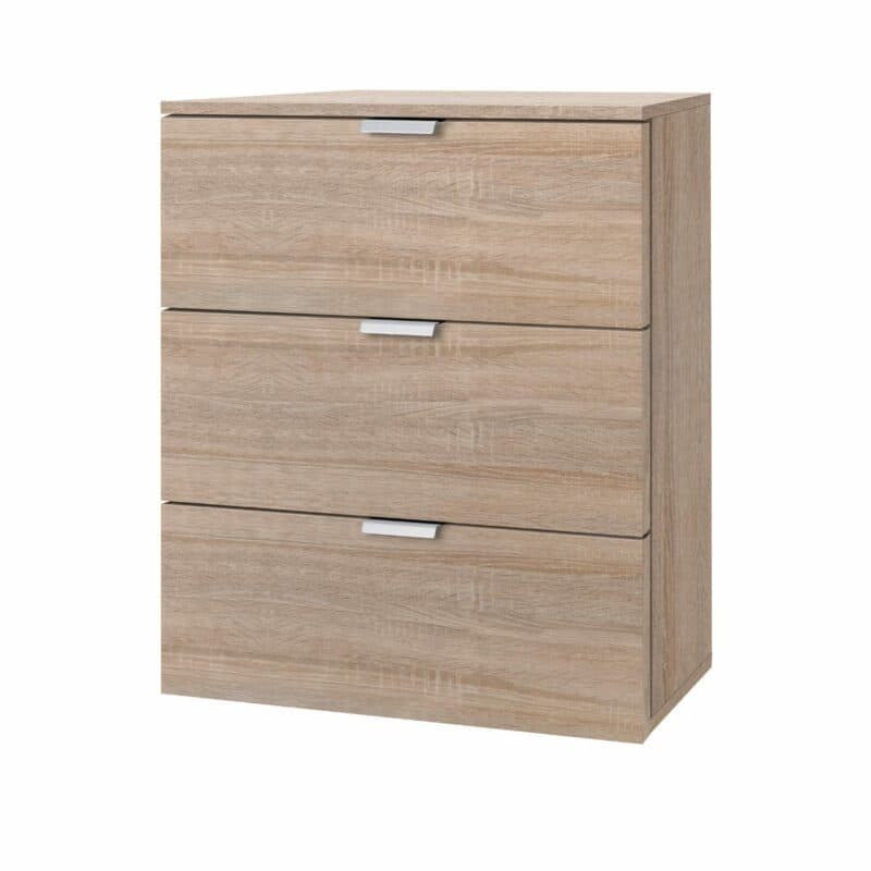 Nachtkommode „Edition” mit Korpus und Front in Sonoma Eiche Nachbildung, Griffen in Alufarben und drei Schubkästen.