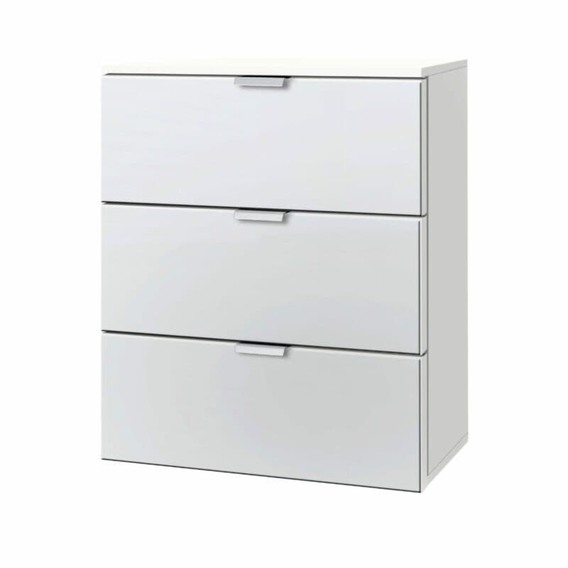 Nachtkommode „Edition” mit Korpus in Polarweiß und Front in Weißglas satiniert, Griffen in Chromfarben und drei Schubkästen.