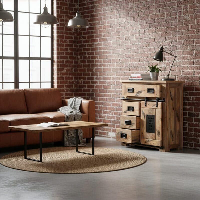 Liadomo Garbi Sideboard im Vintage Look aus Mangoholz mit 1 Rolltür und 4 Schubkästen – Wohnbeispiel