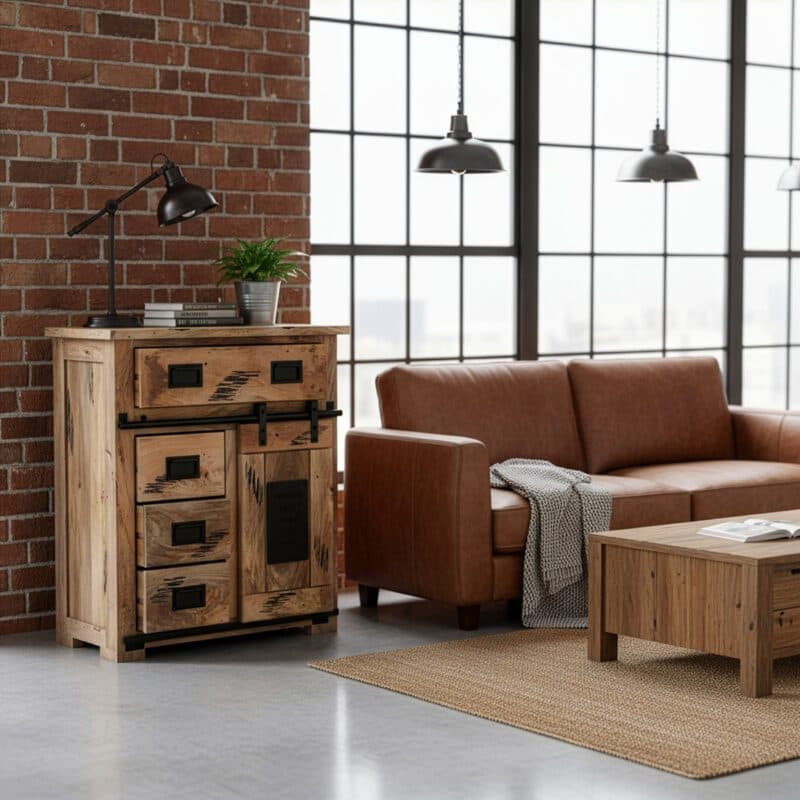 Liadomo Garbi Sideboard im Vintage Look aus Mangoholz mit 1 Rolltür und 4 Schubkästen – Wohnbeispiel