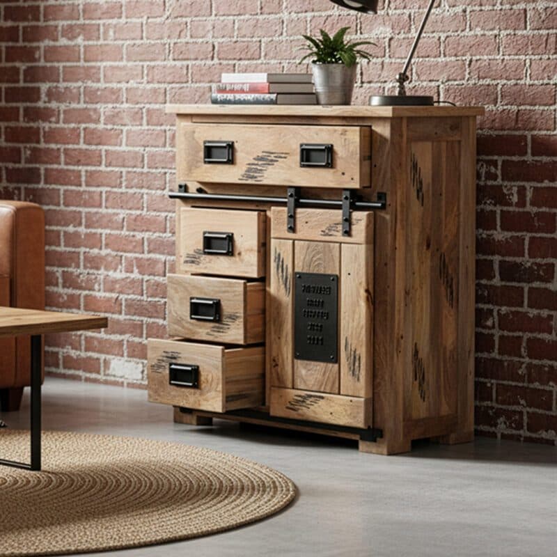Liadomo Garbi Sideboard im Vintage Look aus Mangoholz mit 1 Rolltür und 4 Schubkästen – Wohnbeispiel