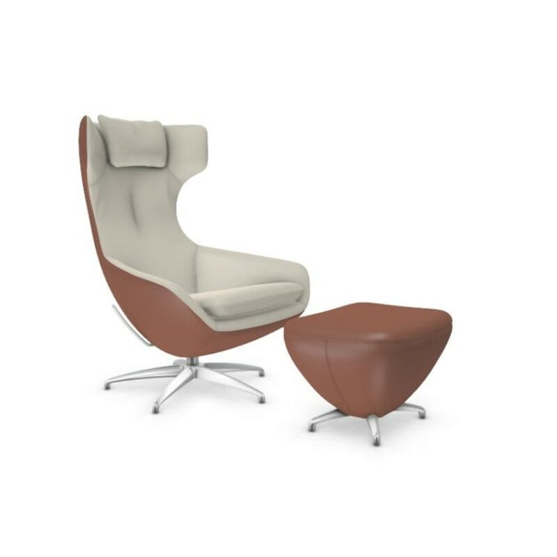 Leolux Caruzzo Sessel mit Bezug aus Leder in Weiß und Cognac, inklusive Kopfstütze und Hocker