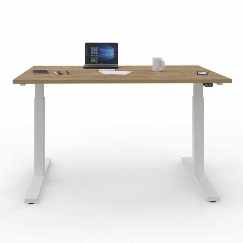 Nowy Styl eUP2 elektromotorischer Steh- und Sitzarbeitstisch – Tischplatte NZ Natural Hickory und Gestell weiß