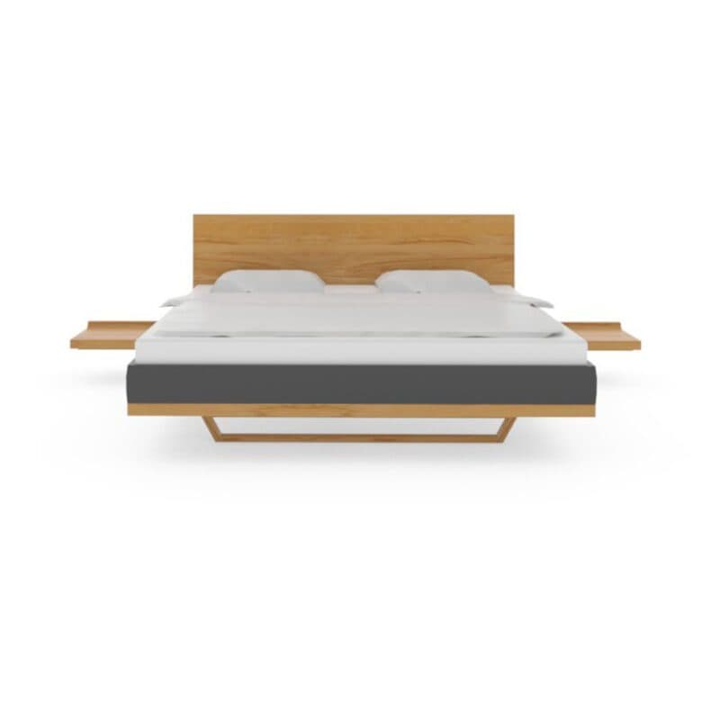 Team 7 Riletto Bett 180 x 200 cm in Kernbuche und schwarzem Leder, mit Kopfteil und Nachtkonsolen.