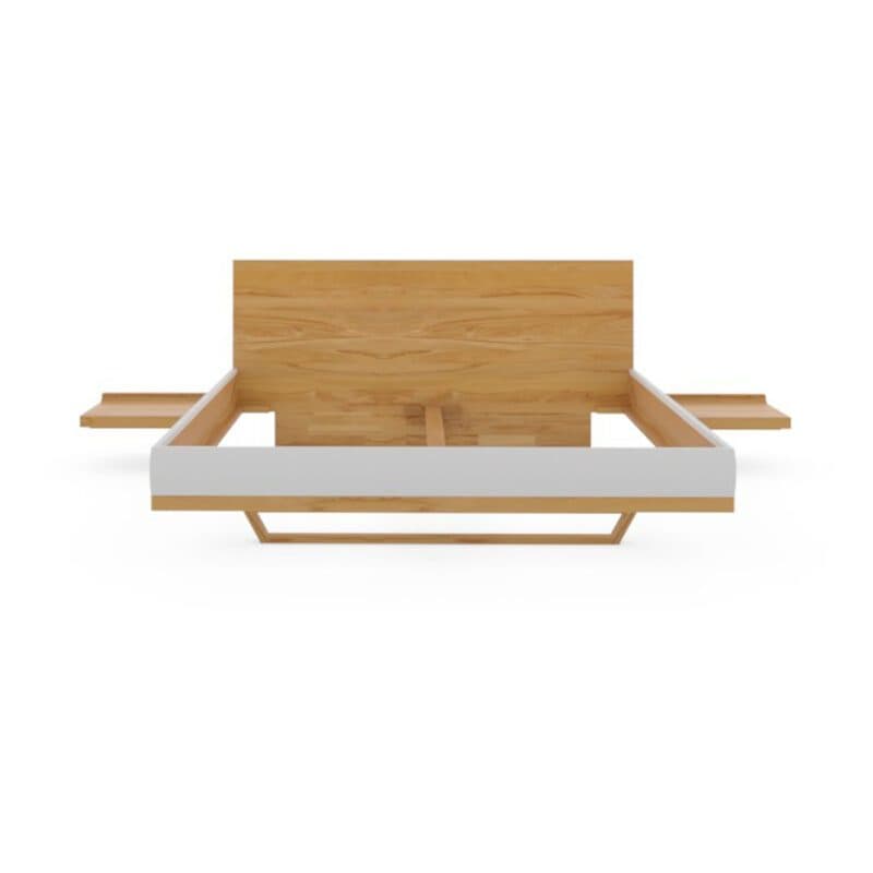 Team 7 Riletto Bett 180 x 200 cm in Kernbuche und weißem Leder, mit Kopfteil und Nachtkonsolen.