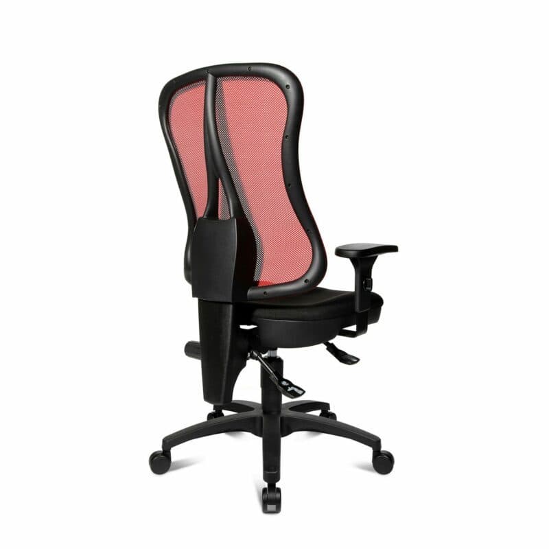 Topstar „Ergo Work 35“ Drehstuhl mit Bezug in Schwarz-Rot in seitlicher Ansicht.