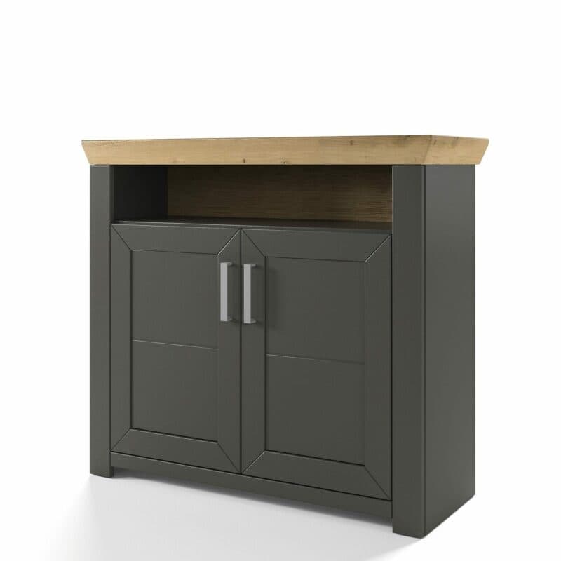 set one by Musterring GA-02 Sideboard mit Deckplatte in Artisan Eiche Nachbildung und Korpus in Dekor Grau Anthrazit in seitlich frontaler Ansicht