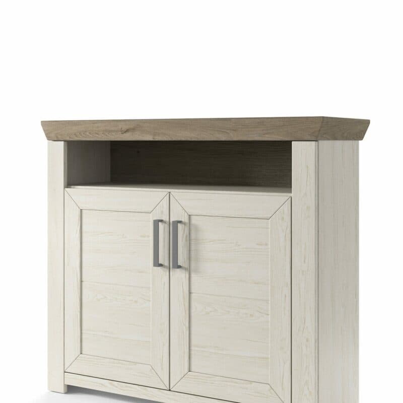 set one by Musterring GA-02 Sideboard mit Deckplatte in Eiche Nelson Nachbildung und Korpus in Dekor Pino Aurelio in seitlich frontaler Ansicht