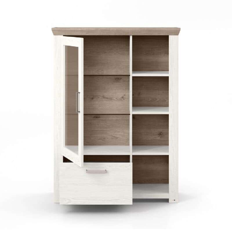 set one by Musterring Type 13 Highboard in Dekor Pino Aurelio – Tür und Schubkasten geöffnet