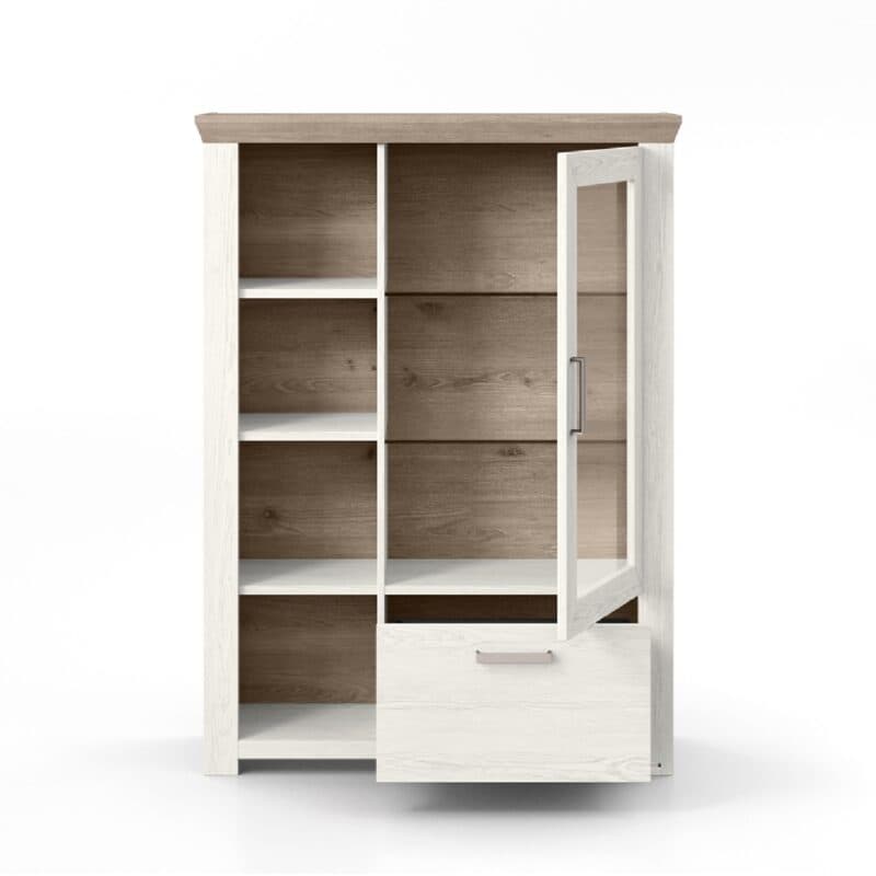 set one by Musterring Type 14 Highboard in Dekor Pino Aurelio – Tür und Schubkasten geöffnet