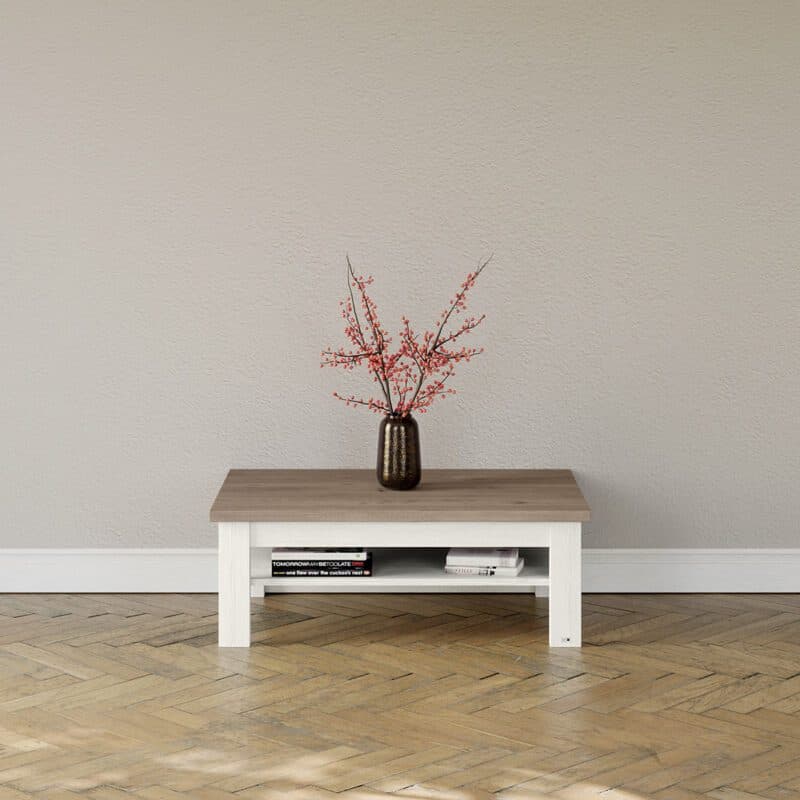 set one by Musterring Type 65 Couchtisch mit einer Deckplatte in Eiche Nelson Nachbildung und einem Gestell in Dekor Pino Aurelio - Wohnbeispiel