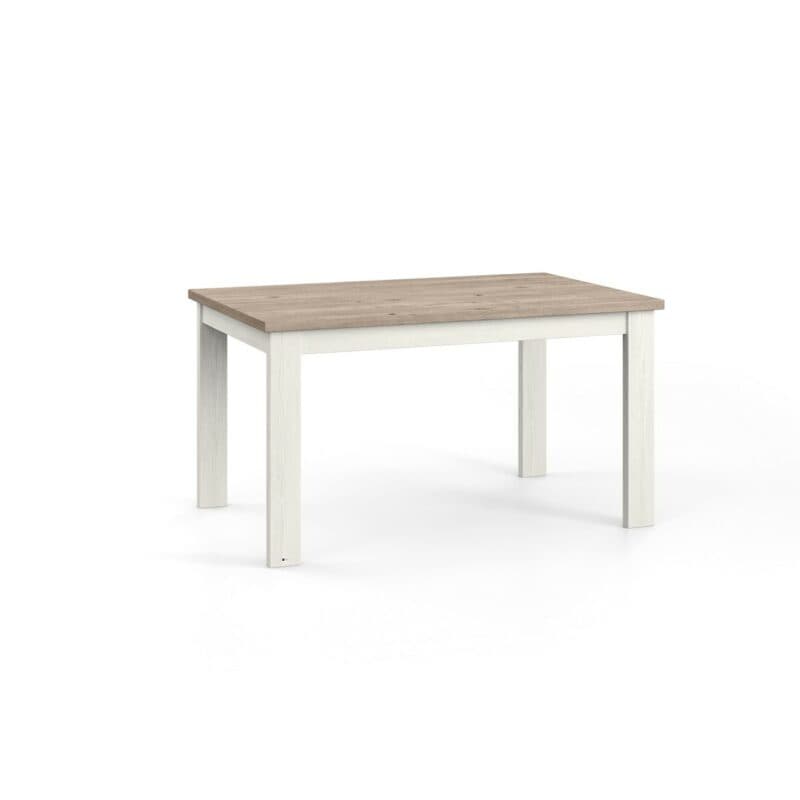 set one by Musterring Type 67 Esstisch mit einer Tischplatte in Eiche Nelson und einem Tischgestell in Pino Aurelio in seitlich frontaler Ansicht