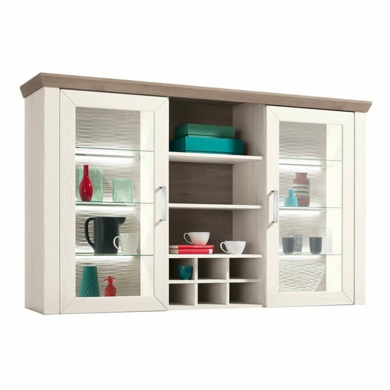 set one by Musterring Type 24 Vitrinenaufsatz mit einer Deckplatte in Eiche Nelson Nachbildung und einem Korpus Dekor Pino Aurelio