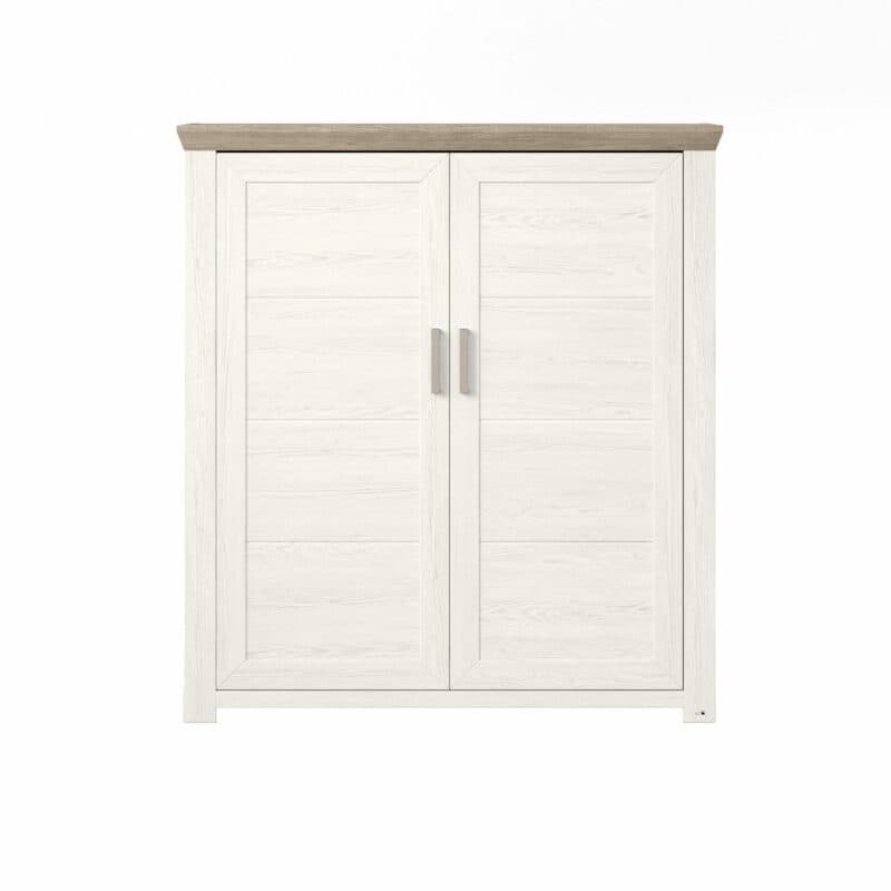 set one by Musterring Type 19 Highboard mit einer Deckplatte in Eiche Nelson Nachbildung und einem Korpus in Dekor Pino Aurelio in frontaler Ansicht