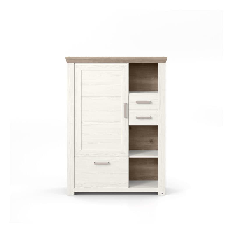 set one by Musterring Type 25 Highboard mit einer Deckplatte in Eiche Nelson Nachbildung und einem Korpus in Dekor Pino Aurelio mit einer Tür, drei Schubkästen sowie drei offenen Fächern in frontaler Ansicht