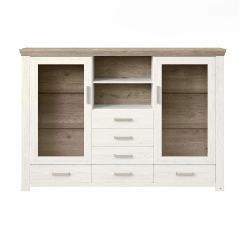 set one by Musterring Type 56 Highboard mit einer Deckplatte in Eiche Nelson Nachbildung und einem Korpus in Dekor Pino Aurelio mit zwei Türen, sechs Schubkästen sowie zwei offenen Fächern in frontaler Ansicht