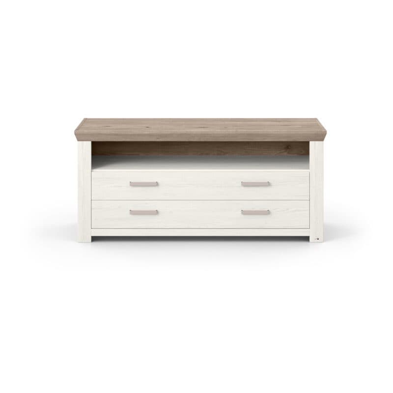 set one by Musterring Type 32 Lowboard mit einer Deckplatte in Eiche Nelson Nachbildung und einem Korpus in Dekor Pino Aurelio mit vier Schubkästen