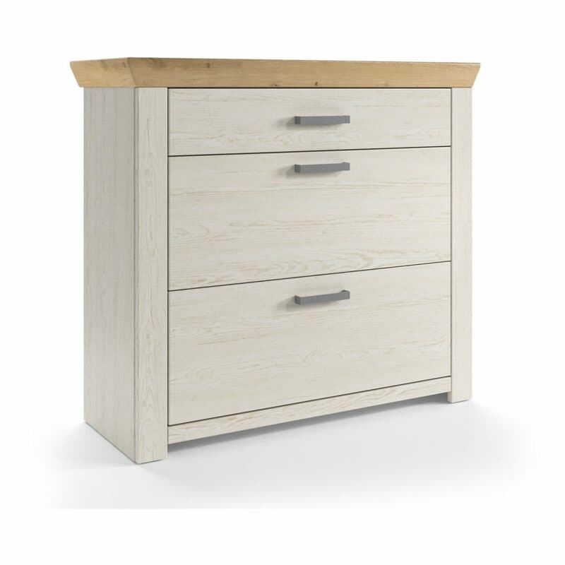 set one by Musterring York-Dielen GA-15 Schuhschrank mit Deckplatte in Artisan Eiche Nachbildung und Korpus in Dekor Pino Aurelio in seitlicher Ansicht