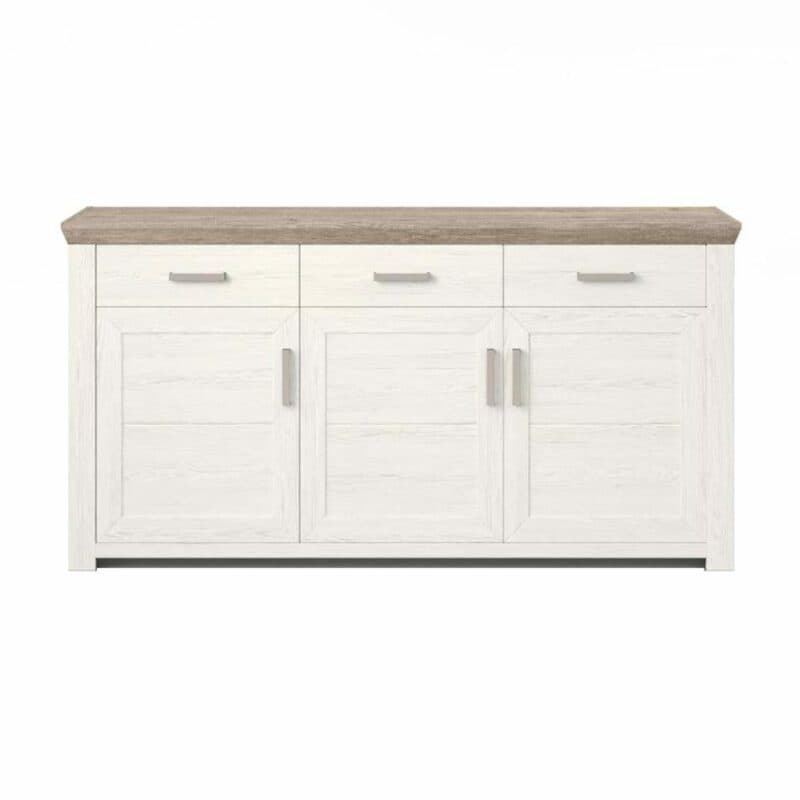 set one by Musterring Type 52 Sideboard mit einer Deckplatte in Eiche Nelson Nachbildung und einem Korpus in Dekor Pino Aurelio mit drei Türen und drei Schubkästen in frontaler Ansicht