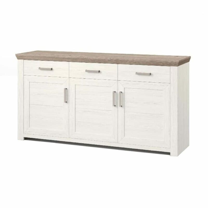 set one by Musterring Type 52 Sideboard mit einer Deckplatte in Eiche Nelson Nachbildung und einem Korpus in Dekor Pino Aurelio mit drei Türen und drei Schubkästen in seitlich frontaler Ansicht