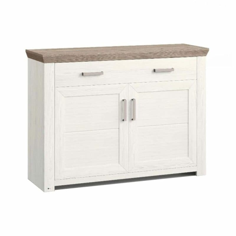 set one by Musterring Type 53 Sideboard mit einer Deckplatte in Eiche Nelson Nachbildung und einem Korpus in Dekor Pino Aurelio in seitlich frontaler Ansicht