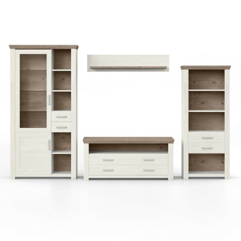 set one by Musterring York Kombination 02 mit einer Deckplatte in Eiche Nelson Nachbildung und einem Korpus in Dekor Pino in frontaler Ansicht