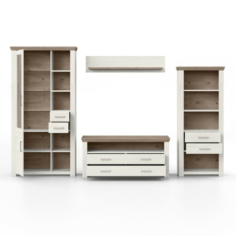 set one by Musterring York Kombination 01 mit einer Deckplatte in Eiche Nelson Nachbildung und einem Korpus in Dekor Pino in frontaler Ansicht mit geöffneten Türen