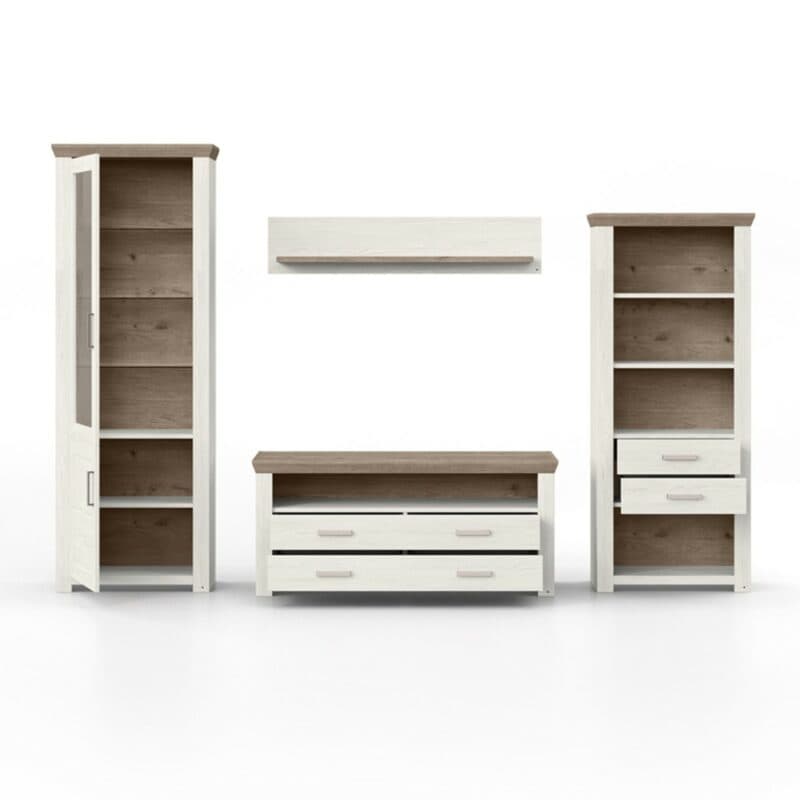 set one by Musterring York Kombination 04 mit einer Deckplatte in Artisan Eiche Nachbildung und einem Korpus in Dekor Pino Aurelio in frontaler Ansicht mit geöffneten Türen