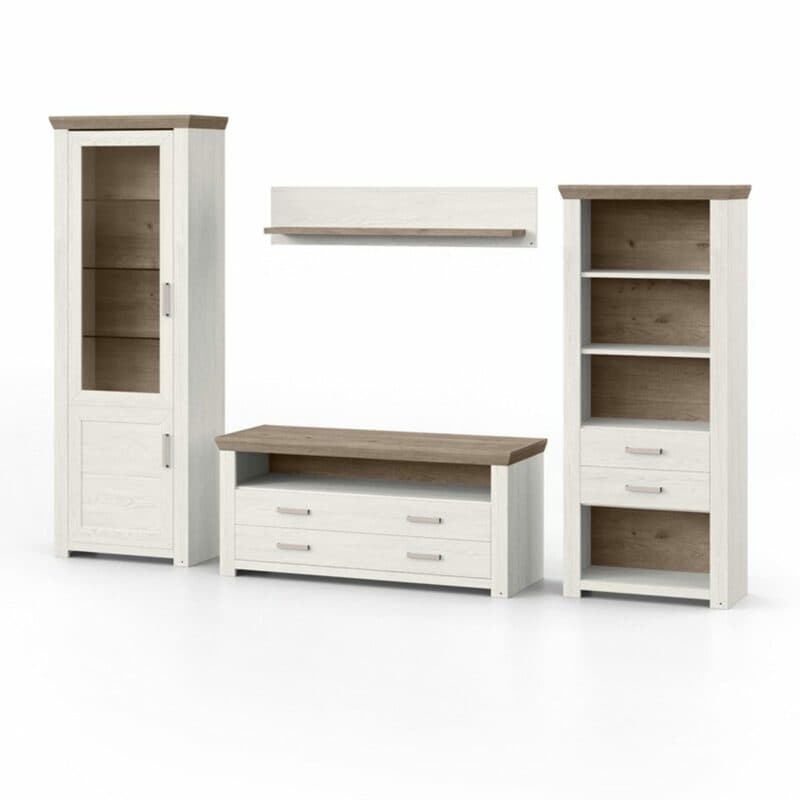 set one by Musterring York Kombination 04 mit einer Deckplatte in Artisan Eiche Nachbildung und einem Korpus in Dekor Pino Aurelio in frontaler seitlicher Ansicht