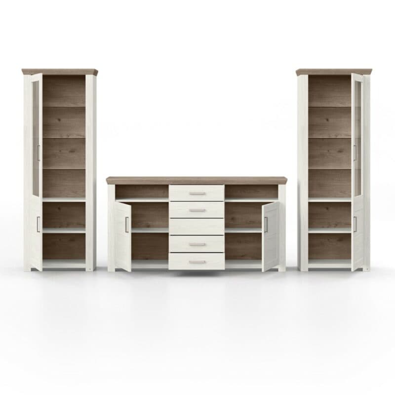 set one by Musterring York Kombination 05 mit einer Deckplatte in Artisan Eiche Nachbildung und einem Korpus in Dekor Pino Aurelio in frontaler Ansicht mit geöffneten Türen