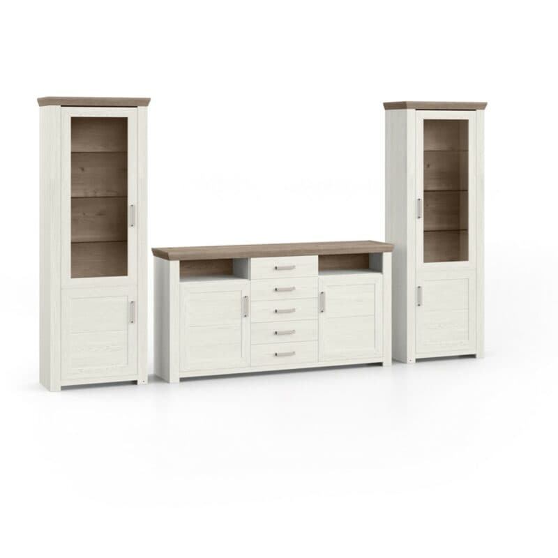 set one by Musterring York Kombination 04 mit einer Deckplatte in Artisan Eiche Nachbildung und einem Korpus in Dekor Pino Aurelio in seitlich frontaler Ansicht