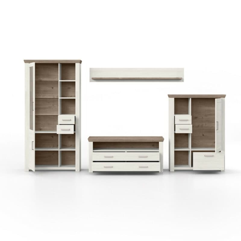 set one by Musterring York Kombination 07 mit einer Deckplatte in Artisan Eiche Nachbildung und einem Korpus in Dekor Pino Aurelio in frontaler Ansicht mit geöffneten Türen und Schubkästen