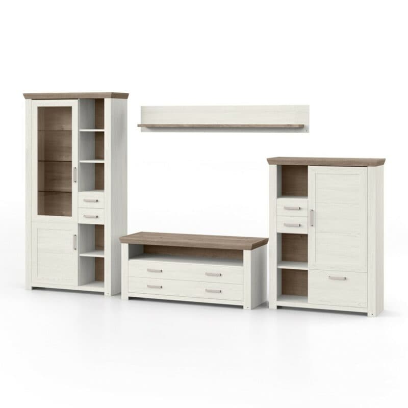 set one by Musterring York Kombination 107 mit einer Deckplatte in Artisan Eiche Nachbildung und einem Korpus in Dekor Pino Aurelio in seitlicher Ansicht