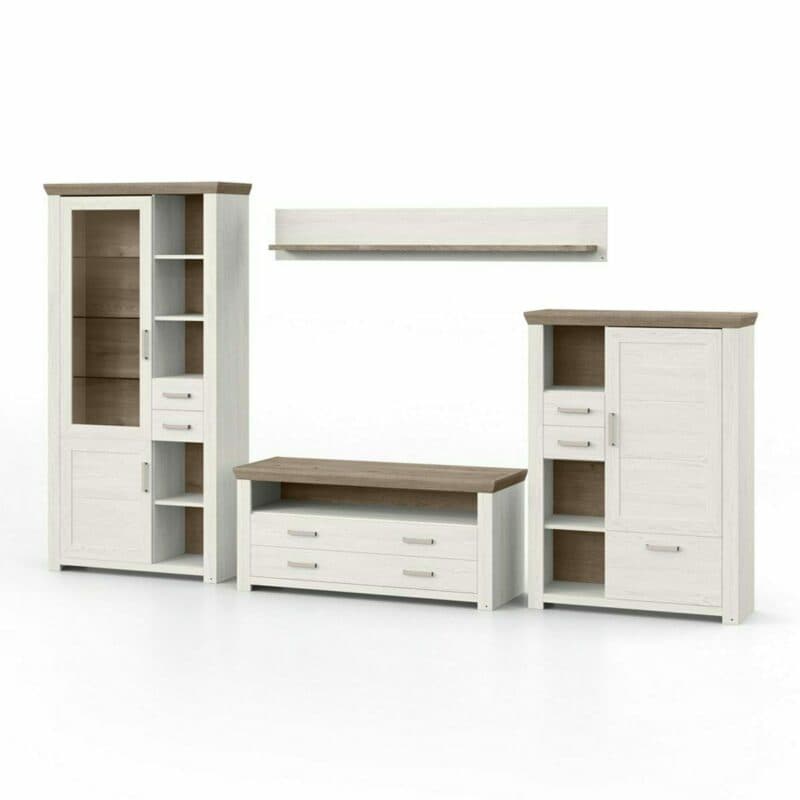 set one by Musterring York Kombination 07 mit einer Deckplatte in Artisan Eiche Nachbildung und einem Korpus in Dekor Pino Aurelio in frontaler Ansicht in seitlich frontaler Ansicht